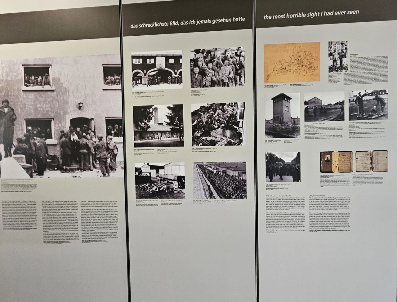 An exhibit in the main hall of Dachau concentration camp. Haunting black and white photography.