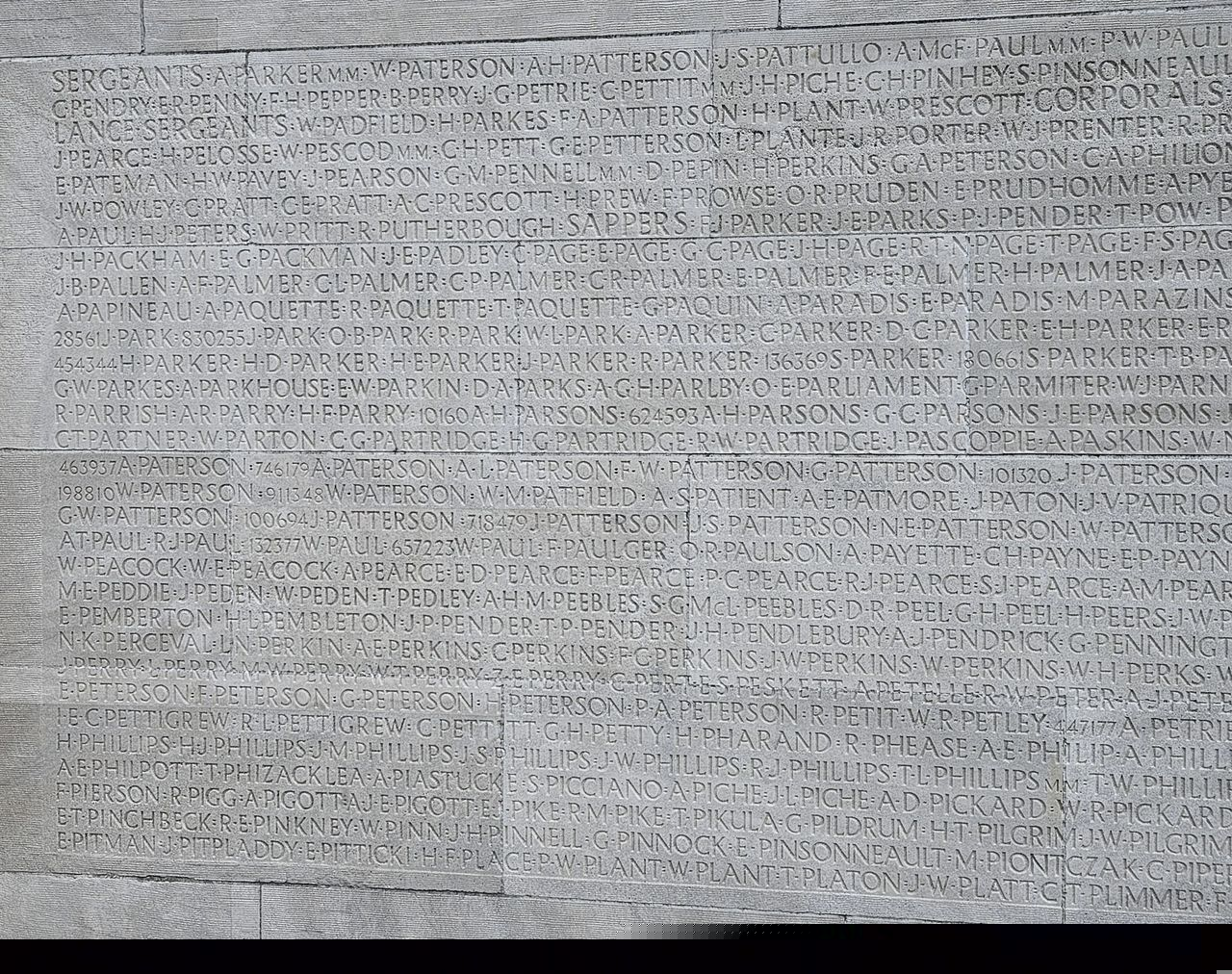 The names of 11,285 Canadians killed or missing in France during WW1 are carved into the white marble around the base of the memorial.