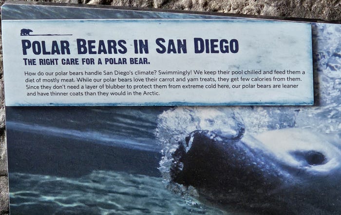 A sign explaining care for Polar bears in San Diego