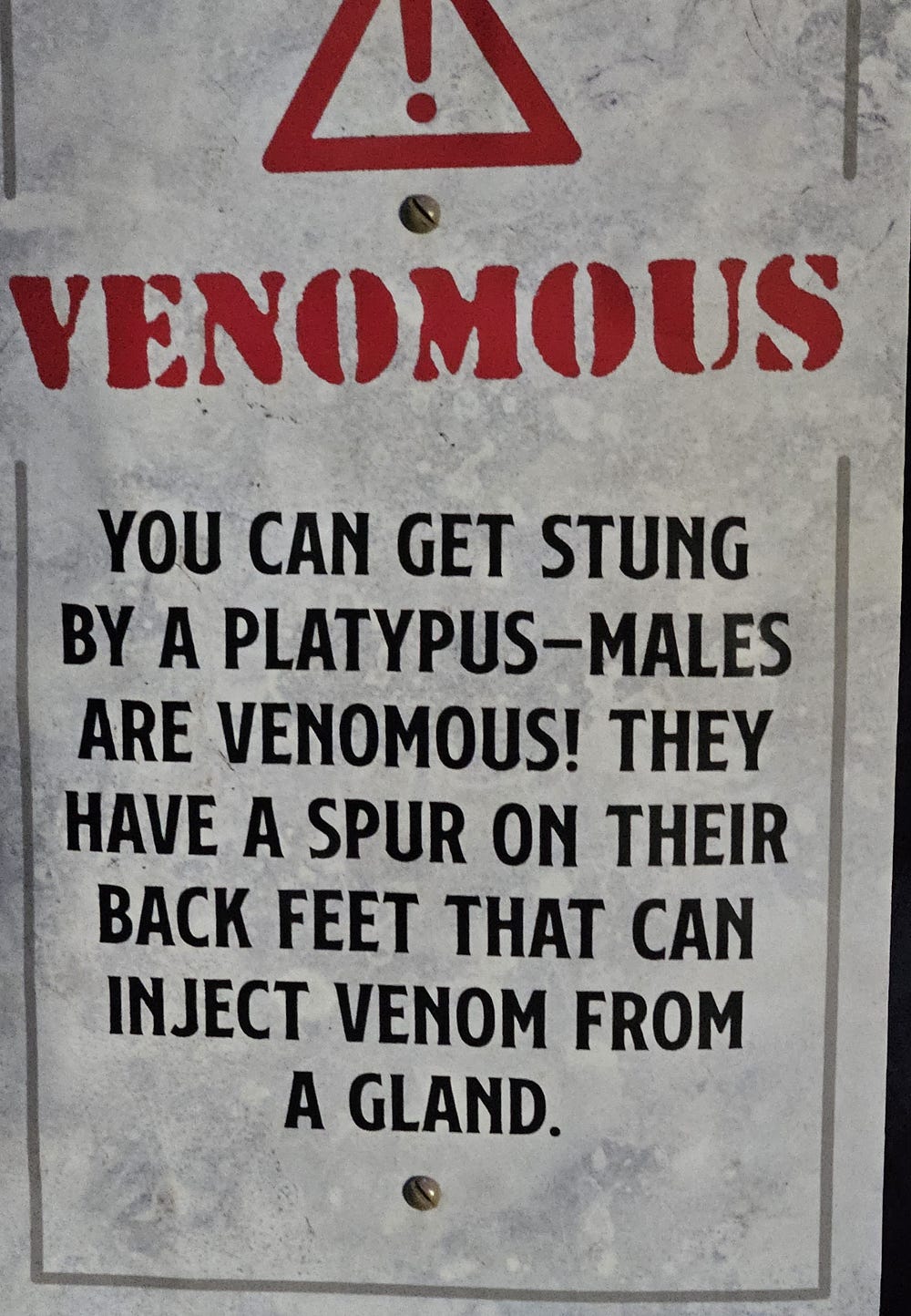 A white sign with the word 'Venomous' in rd lettering, then black writing.