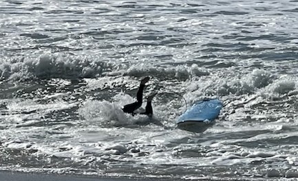 A man is upside down in the surf, surfboard floating nearby. 