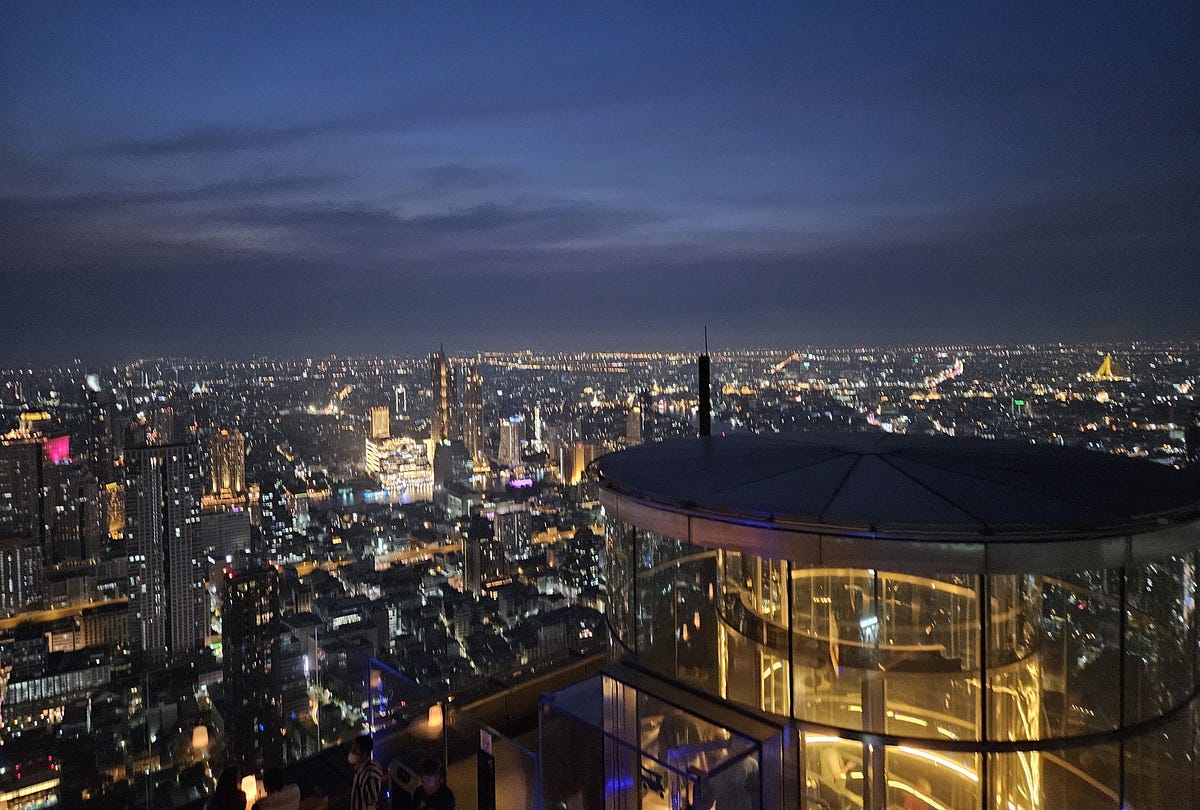 A view of the Bangkok skyline at night, looking northwest.