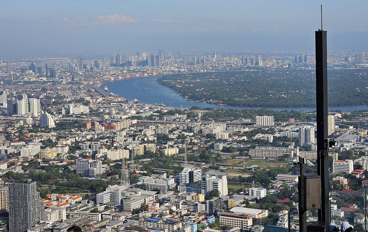 Bangkok’s skyline with the Chao Phraya River, from the top of the Mahanakhan Tower