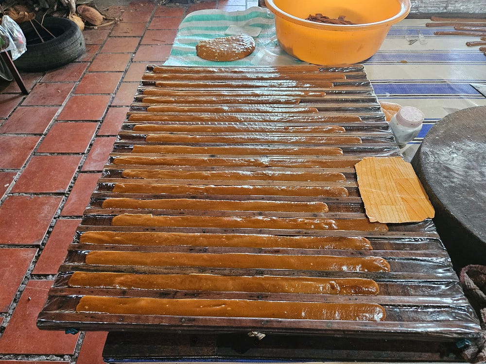 Rows of brown coconut candy cooling on a board lined with half-inch troughs.