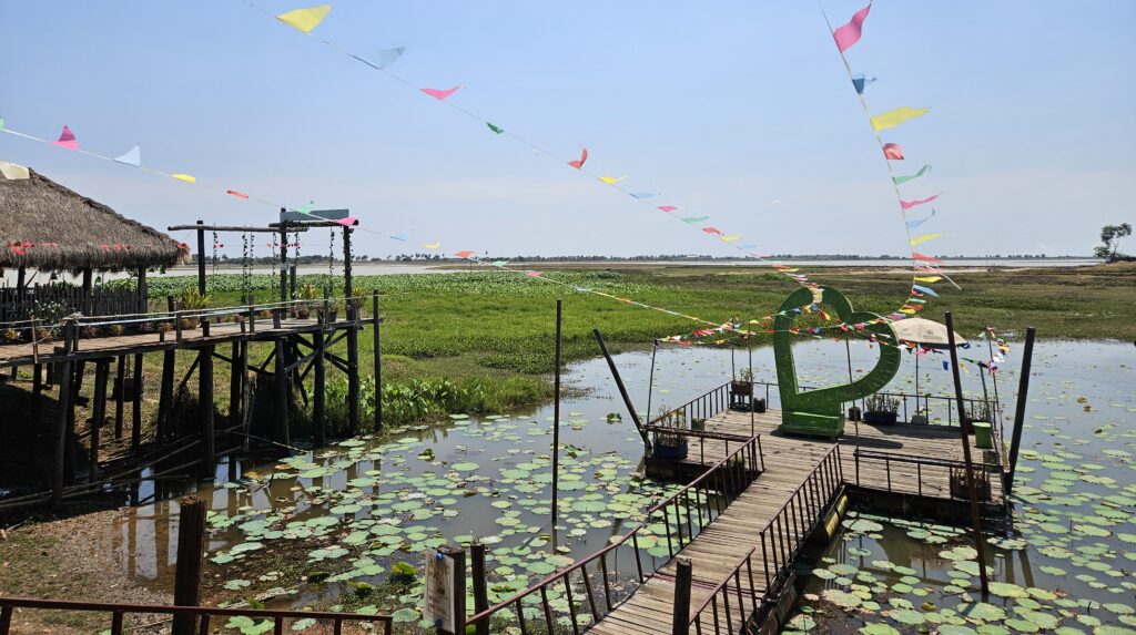 A view over a shallow lake at a roadside restaurant in Cambodia