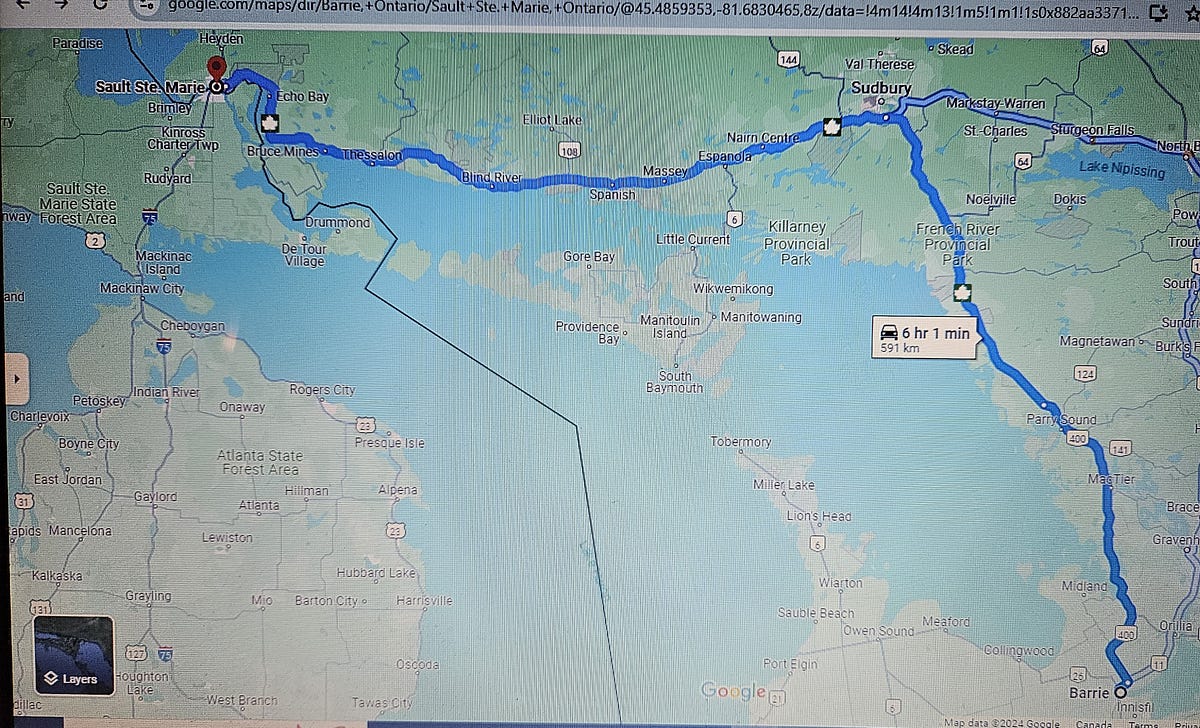 A screenshot from Google Maps showing the route from Barrie to Sault Saint Marie.