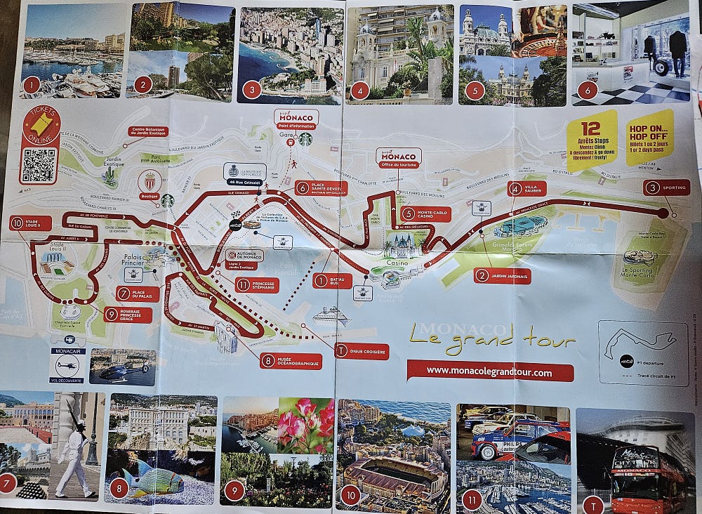 A map of Monaco, with the hop on hop off bus route highlighted. small pictures show the attraction at the stops