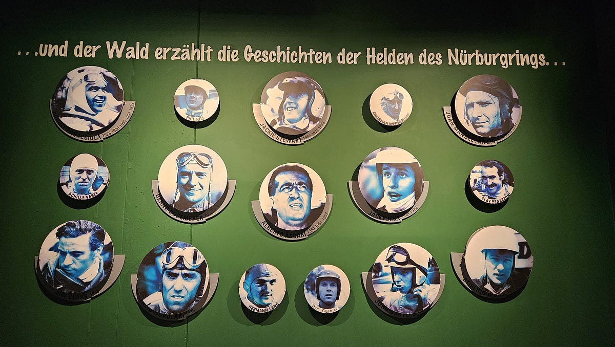 A picture of the wall in the Nurburgring museum showing the 16 drivers who lost their life racing here.