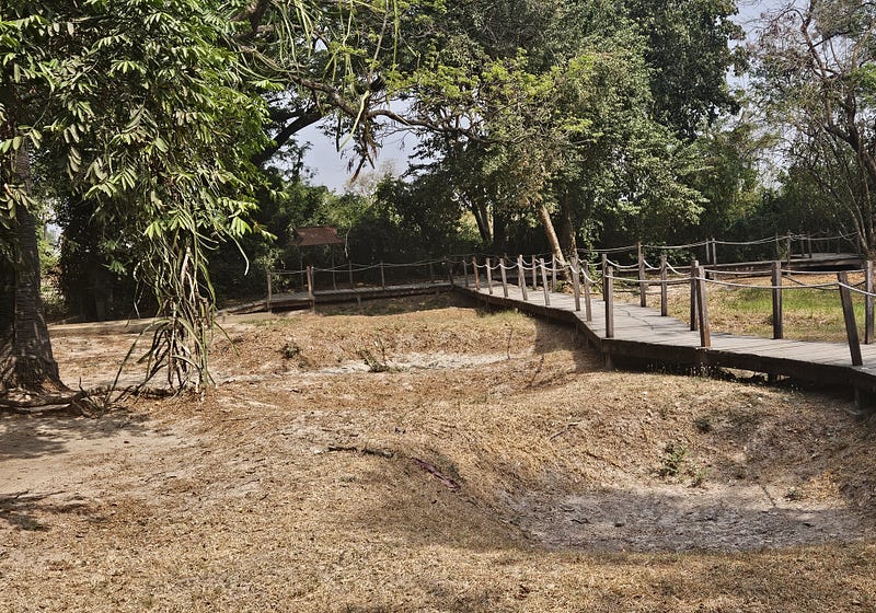 Wooden paths lead visitors through the killing field.